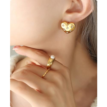 Chunky Heart Stud Earrings for Women Gold Plated