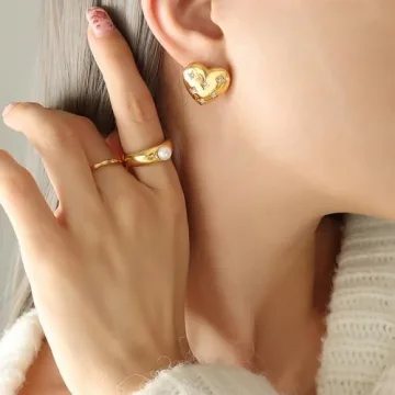 Chunky Heart Stud Earrings for Women Gold Plated