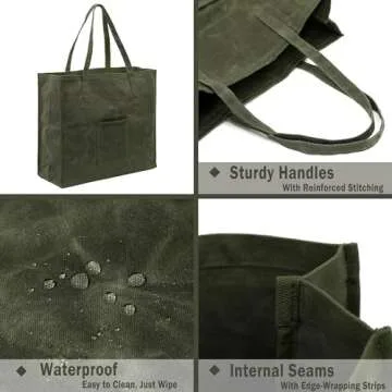 Kaaltisy Waxed Canvas Grocery Bag Eco-friendly Reusable Shopping Bag with Pocket Stylish Market Tote Bag Waterproof Waxed Canvas Beach Bag, Wide, Soft Handfeel