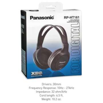 Panasonic Headphones, Lightweight Over the Ear Wired Headphones with Clear Sound and XBS for Extra Bass, Long Cord, 3.5mm Jack for Phones and Laptops – RP-HT161-K (Black)