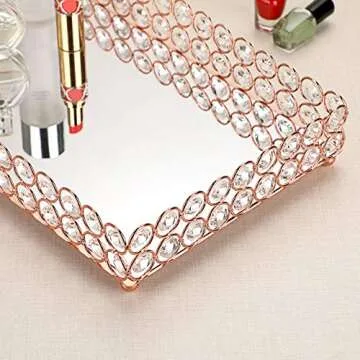 Hipiwe Crystal Cosmetic Makeup Tray - Large Mirrored Vanity Tray Jewelry Trinket Organizer TrayTray Home Decorative Dresser Tray Bathroom Tray, Rosy Gold