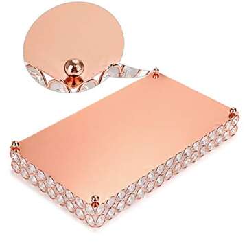 Hipiwe Crystal Cosmetic Makeup Tray - Large Mirrored Vanity Tray Jewelry Trinket Organizer TrayTray Home Decorative Dresser Tray Bathroom Tray, Rosy Gold