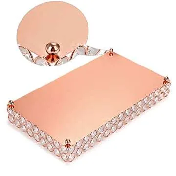 Hipiwe Crystal Cosmetic Makeup Tray - Large Mirrored Vanity Tray Jewelry Trinket Organizer TrayTray Home Decorative Dresser Tray Bathroom Tray, Rosy Gold