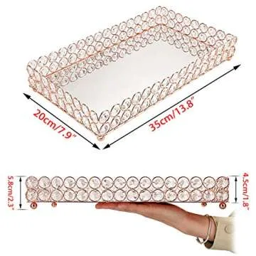 Hipiwe Crystal Cosmetic Makeup Tray - Large Mirrored Vanity Tray Jewelry Trinket Organizer TrayTray Home Decorative Dresser Tray Bathroom Tray, Rosy Gold