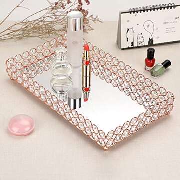 Hipiwe Crystal Cosmetic Makeup Tray - Large Mirrored Vanity Tray Jewelry Trinket Organizer TrayTray Home Decorative Dresser Tray Bathroom Tray, Rosy Gold