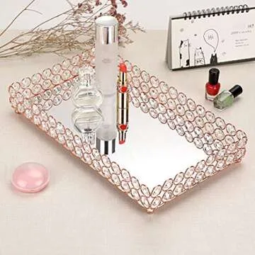 Hipiwe Crystal Cosmetic Makeup Tray - Large Mirrored Vanity Tray Jewelry Trinket Organizer TrayTray Home Decorative Dresser Tray Bathroom Tray, Rosy Gold