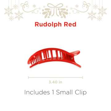 TELETIES - Small Flat Round Hair Clip - Holiday Collection - Hair Claw Clips for Women - Strong Grip, Bendable Teeth, Curved Design - For All Hair Types and Textures - Rudolph Red