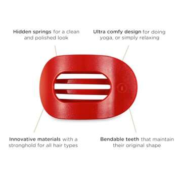 TELETIES - Small Flat Round Hair Clip - Holiday Collection - Hair Claw Clips for Women - Strong Grip, Bendable Teeth, Curved Design - For All Hair Types and Textures - Rudolph Red