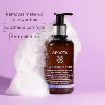 Apivita Face Cleansing Foam for Face & Eyes 200ml - Foaming Facial Cleanser & Makeup Remover - Natural Face Wash with Lavender, Olive and Propolis - Gently Cleanses, Hydrates, Antioxidant Protection