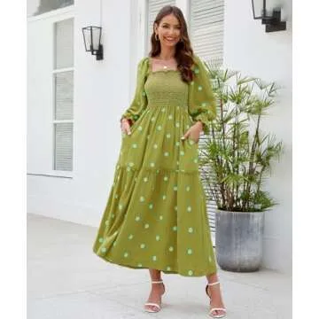ABYOVRT Women Floral Embroidered Maxi Dress - Bohemian Style with Pockets