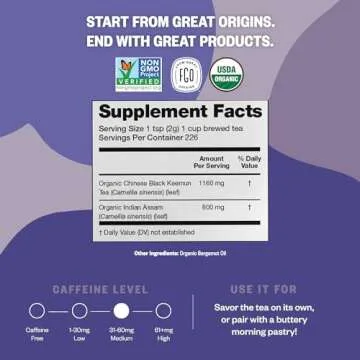 FGO Organic Earl Grey Black Tea, 16 Ounce Loose Leaf Bulk Resealable Bag, 16oz, Packaging May Vary (Pack of 1)