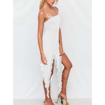 Mizoci Women's Sexy Summer Y2k Ruched Club Dress Bodycon Spaghetti Strap Slit Ruffle Hem Party Dress...