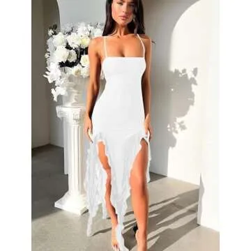 Mizoci Women's Sexy Summer Y2k Ruched Club Dress Bodycon Spaghetti Strap Slit Ruffle Hem Party Dresses, Medium,White