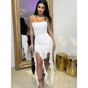 Mizoci Women's Sexy Summer Y2k Ruched Club Dress Bodycon Spaghetti Strap Slit Ruffle Hem Party Dresses, Medium,White