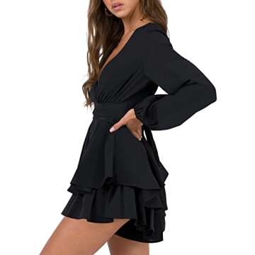 Hocuos Women's Long Lantern Sleeve Plunging V Neck Dress Tie Waist Layer Ruffle Hem A Line Swing Casual Short Mini Dress-Black X-Large
