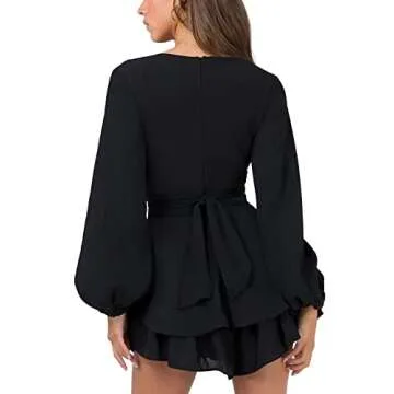 Hocuos Women's Long Lantern Sleeve Plunging V Neck Dress Tie Waist Layer Ruffle Hem A Line Swing Casual Short Mini Dress-Black X-Large