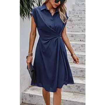 ECOWISH Womens Casual Summer Dresses 2025 Solid V-Neck Short Sleeve Button Down Shirt Midi Dress for Women Navy Blue L