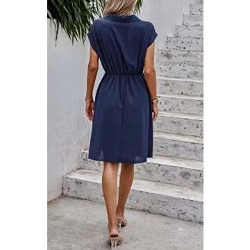 ECOWISH Womens Casual Summer Dresses 2025 Solid V-Neck Short Sleeve Button Down Shirt Midi Dress for Women Navy Blue L