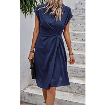 ECOWISH Womens Casual Summer Dresses 2025 Solid V-Neck Short Sleeve Button Down Shirt Midi Dress for Women Navy Blue L