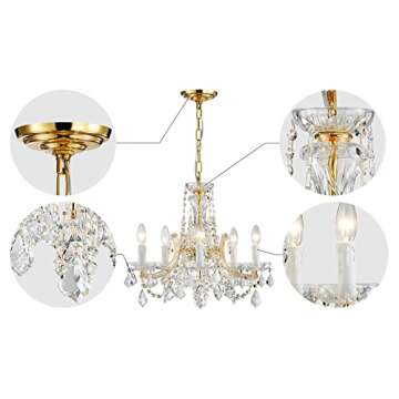 AGV LIGHTING CH001G Modern K9 Crystal Chandelier, Maria Theresa Style Light Fixture, 5-Lights, D20 x H18, Adjustable Chain 59", Shinny Gold Finish Frame