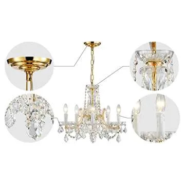 AGV LIGHTING CH001G Modern K9 Crystal Chandelier, Maria Theresa Style Light Fixture, 5-Lights, D20 x H18, Adjustable Chain 59", Shinny Gold Finish Frame