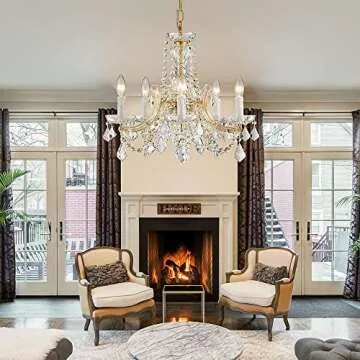 AGV LIGHTING CH001G Modern K9 Crystal Chandelier, Maria Theresa Style Light Fixture, 5-Lights, D20 x H18, Adjustable Chain 59", Shinny Gold Finish Frame