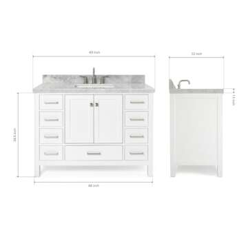 ARIEL Cambridge 49" White Bathroom Vanity with Sink, 1.5" Edge Italian Carrara Marble Countertop & B...