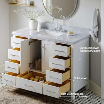 ARIEL Cambridge 49" White Bathroom Vanity with Sink, 1.5" Edge Italian Carrara Marble Countertop & Backsplash, Rectangular Sink, 2 Soft Closing Doors, 9 Full Extension Dovetail Drawers, Brushed Nickel