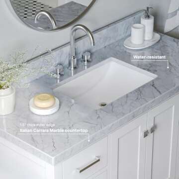 ARIEL Cambridge 49" White Bathroom Vanity with Sink, 1.5" Edge Italian Carrara Marble Countertop & Backsplash, Rectangular Sink, 2 Soft Closing Doors, 9 Full Extension Dovetail Drawers, Brushed Nickel