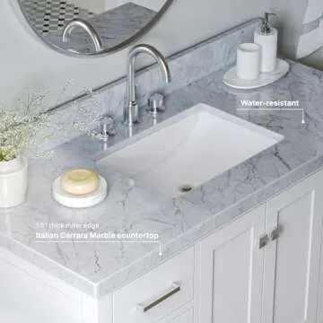 ARIEL Cambridge 49" White Bathroom Vanity with Sink, 1.5" Edge Italian Carrara Marble Countertop & Backsplash, Rectangular Sink, 2 Soft Closing Doors, 9 Full Extension Dovetail Drawers, Brushed Nickel