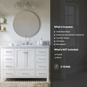 ARIEL Cambridge 49" White Bathroom Vanity with Sink, 1.5" Edge Italian Carrara Marble Countertop & Backsplash, Rectangular Sink, 2 Soft Closing Doors, 9 Full Extension Dovetail Drawers, Brushed Nickel