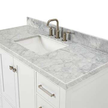 ARIEL Cambridge 49" White Bathroom Vanity with Sink, 1.5" Edge Italian Carrara Marble Countertop & Backsplash, Rectangular Sink, 2 Soft Closing Doors, 9 Full Extension Dovetail Drawers, Brushed Nickel