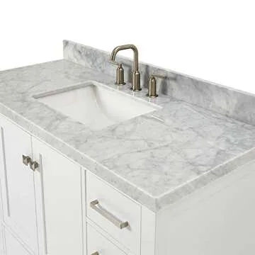 ARIEL Cambridge 49" White Bathroom Vanity with Sink, 1.5" Edge Italian Carrara Marble Countertop & Backsplash, Rectangular Sink, 2 Soft Closing Doors, 9 Full Extension Dovetail Drawers, Brushed Nickel
