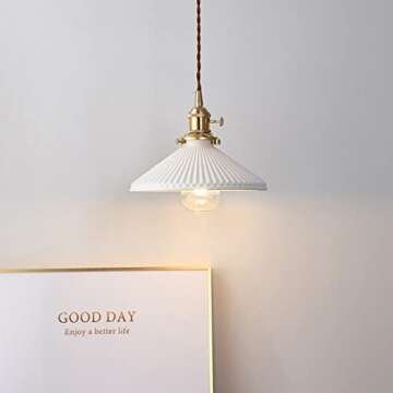 Qufute Vintage Pendant Light fixtures Ceramics Ceiling Pendant Lights with White Scalloped Shade Brass Minimalist Style Barn Chandelier Pendant Lamp for Kitchen Sink Dining Room Bedroom