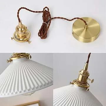 Qufute Vintage Pendant Light fixtures Ceramics Ceiling Pendant Lights with White Scalloped Shade Brass Minimalist Style Barn Chandelier Pendant Lamp for Kitchen Sink Dining Room Bedroom