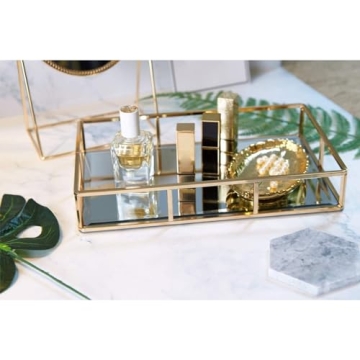 PuTwo Tray Mirror, Gold Dresser Ornate Tray Metal Decorative Tray Jewelry Perfume Organizer Makeup Tray for Vanity, Dresser, Bathroom, Bedroom