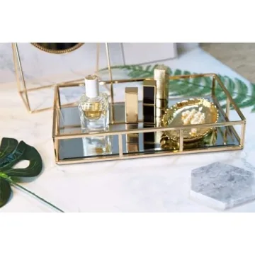 PuTwo Tray Mirror, Gold Dresser Ornate Tray Metal Decorative Tray Jewelry Perfume Organizer Makeup Tray for Vanity, Dresser, Bathroom, Bedroom