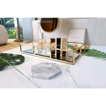 PuTwo Tray Mirror, Gold Dresser Ornate Tray Metal Decorative Tray Jewelry Perfume Organizer Makeup Tray for Vanity, Dresser, Bathroom, Bedroom