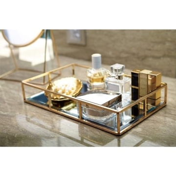 PuTwo Tray Mirror, Gold Dresser Ornate Tray Metal Decorative Tray Jewelry Perfume Organizer Makeup Tray for Vanity, Dresser, Bathroom, Bedroom
