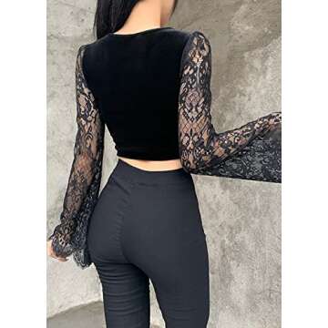 Fashionable Gothic Crop Top - Velvet Long Sleeve Style with Lace