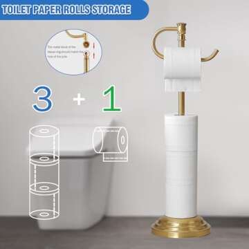 RUMOSE Toilet Paper Holder Stand for Floor, Brushed Gold Adjustable (12.4" to 22.8") Bathroom Toilet Tissue Holder, Free Standing Toilet Paper Roll Holder with Storage, Stainless Steel