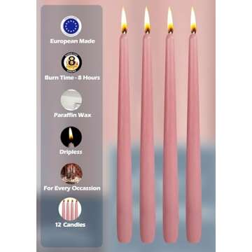 Hyoola 12 Pack Tall Taper Candles - 10 Inch Rose Pink Dripless, Unscented Dinner Candle - Paraffin Wax with Cotton Wicks - 8 Hour Burn Time