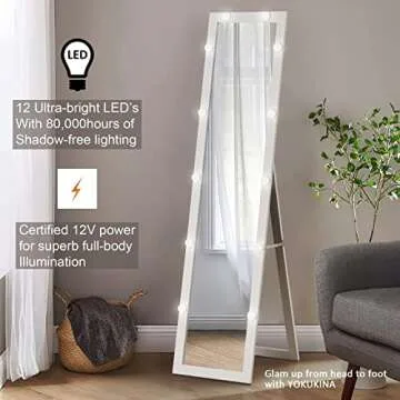 YOKUKINA Standing Floor Mirror with 12 LED Lights, Full Length Body Mirrors for Bedroom (White)
