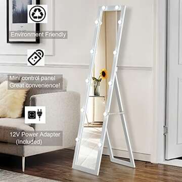 YOKUKINA Standing Floor Mirror with 12 LED Lights, Full Length Body Mirrors for Bedroom (White)