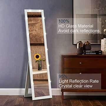 YOKUKINA Standing Floor Mirror with 12 LED Lights, Full Length Body Mirrors for Bedroom (White)