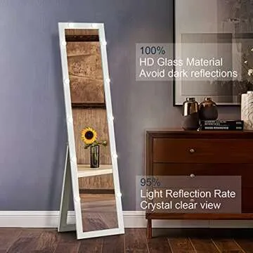 YOKUKINA Standing Floor Mirror with 12 LED Lights, Full Length Body Mirrors for Bedroom (White)