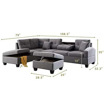 FCNEHLM Sectional Couches for Living Room, L Shaped Sectional Sofa with Storage Chaise, Ottoman and ...