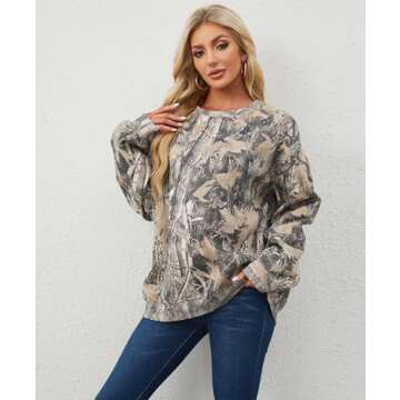 Eutten Womens Camo Sweatshirt Maple Leaf Print Oversized Camo Crewneck Sweatshirt Fleece Pullover Hoodies Long Sleeve