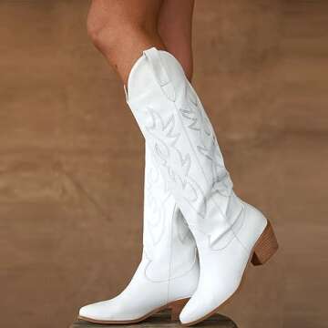 Vimisaoi Knee High Cowboy Boots - Wide Calf, Pointed Toe, Black, Tall Women's Western Cowgirl Boots