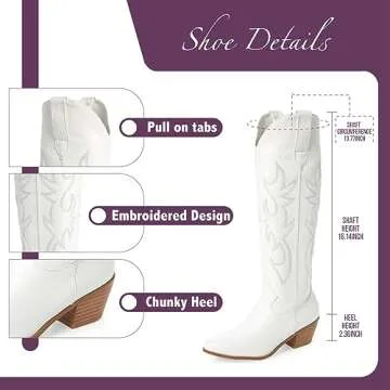 Vimisaoi Knee High Cowboy Boots - Wide Calf, Pointed Toe, Black, Tall Women's Western Cowgirl Boots